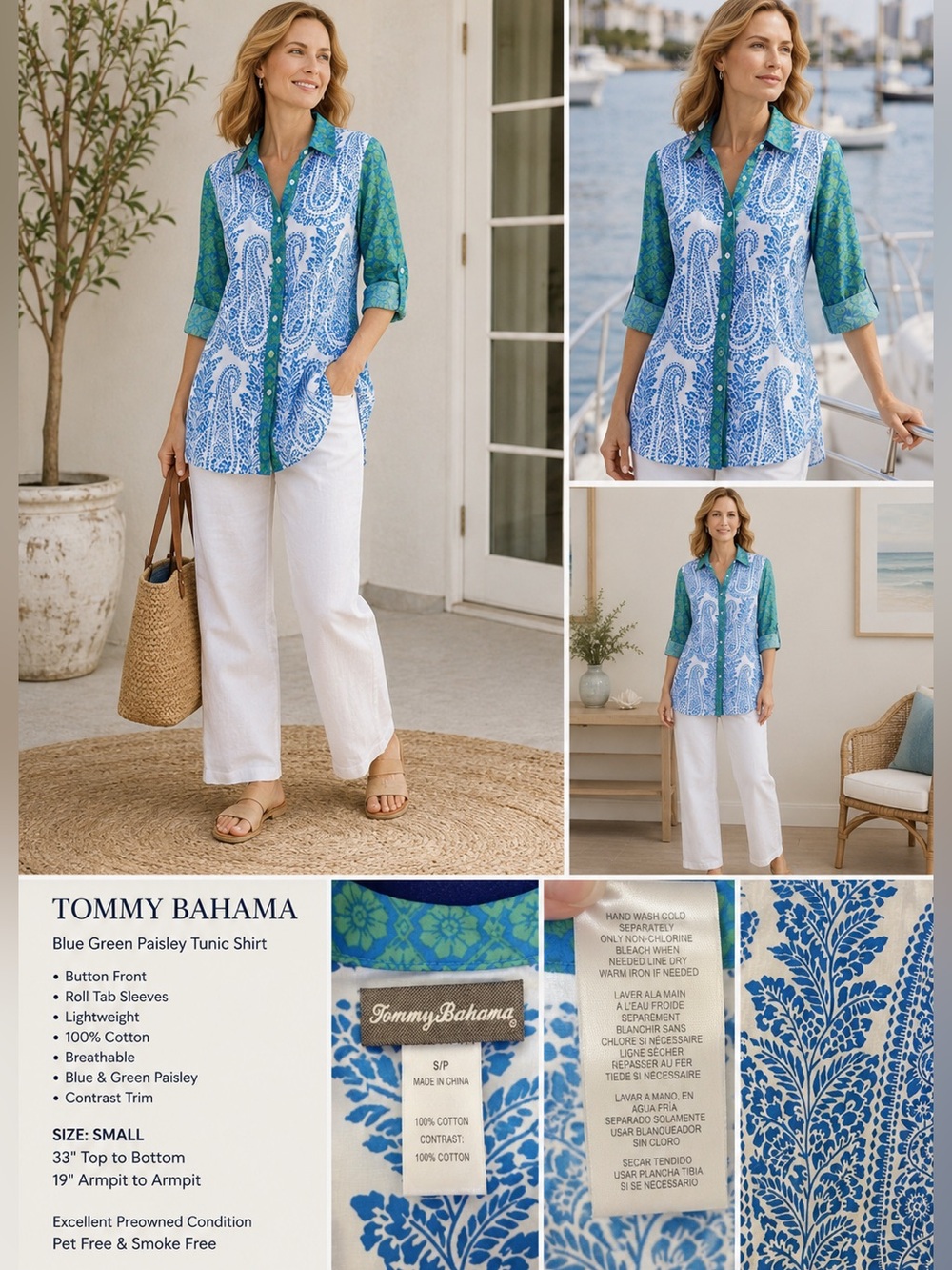 Tommy Bahama Blue Green Paisley Tunic Shirt Cotton Roll Tab Sleeve S